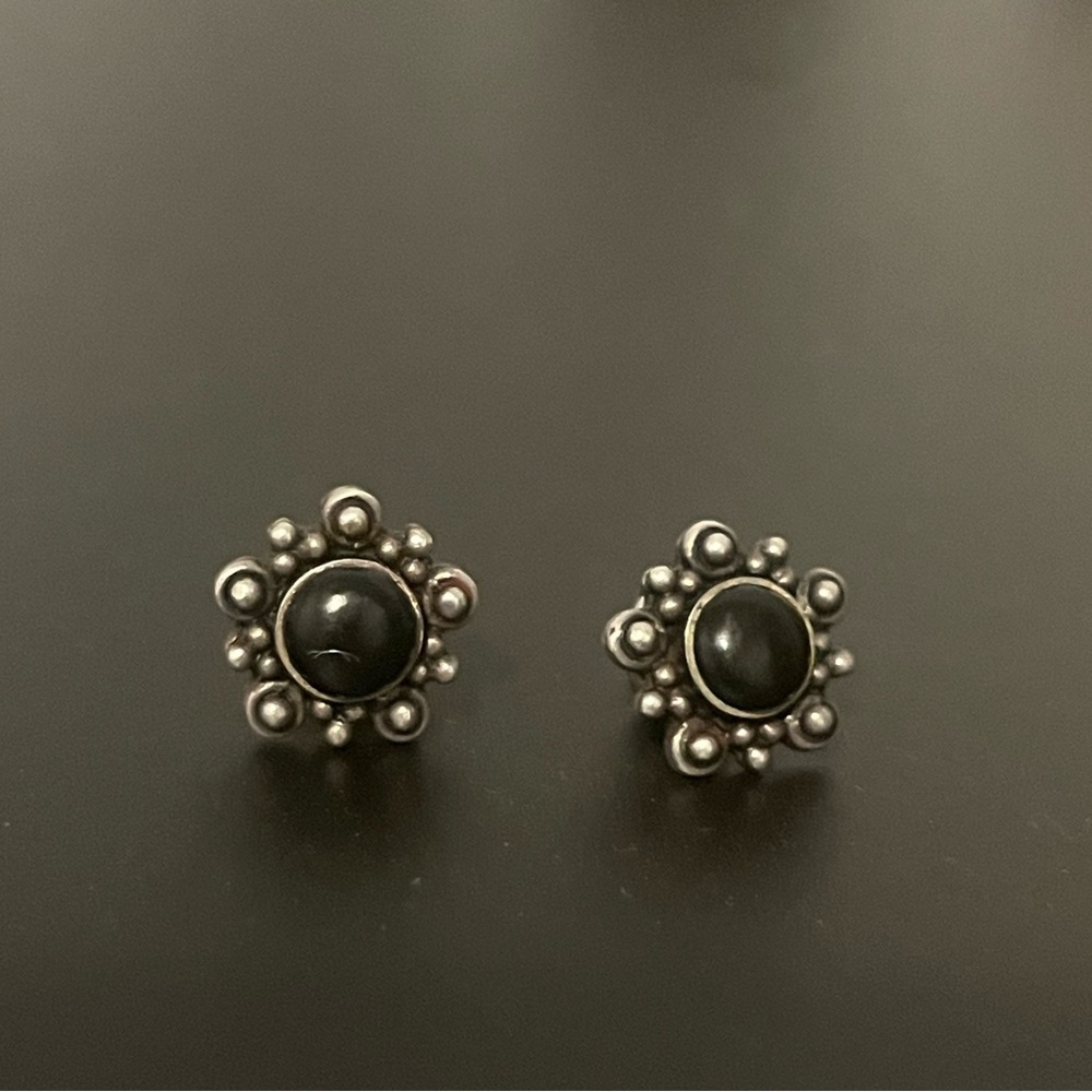 Sterling Silver Black Stone Floral Stud Earrings